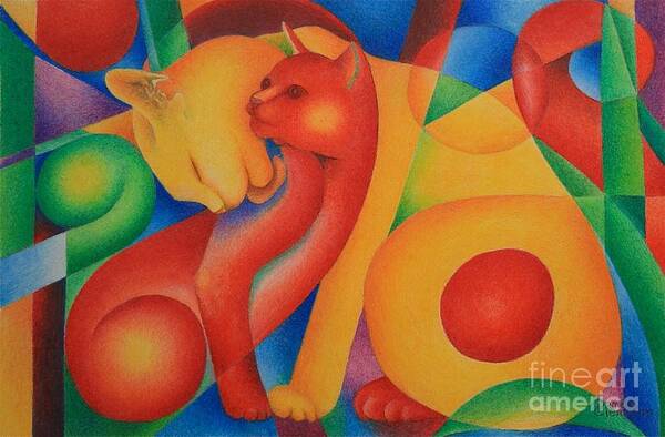 Red Poster featuring the glass art Primary Cats by Pamela Clements