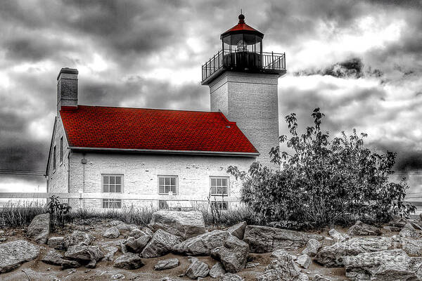 Clouds Poster featuring the photograph Protector of the Harbor - Sand Point Lighthouse by Nikki Vig