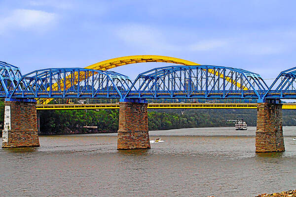 Newport Southbank Bridge Poster featuring the photograph Purple People Bridge and Big Mac Bridge - Ohio River Cincinnati by Alexandra Till