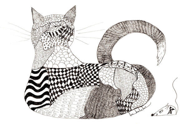 Quilt Poster featuring the drawing Quilt Cat and Checkers by Lou Belcher