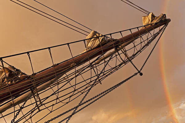 Rainbow Poster featuring the photograph Tall ship meets rainbow by Mike Santis