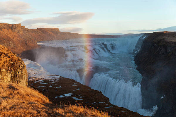 Scenics Poster featuring the photograph Rainbow Over Gulfoss Waterfall, South by Peter Adams