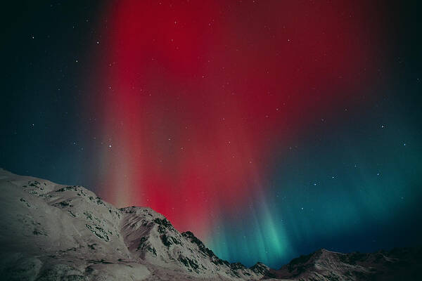 Colorful Poster featuring the photograph Red Aurora Over Talkeetna Mountains At by Greg Hensel