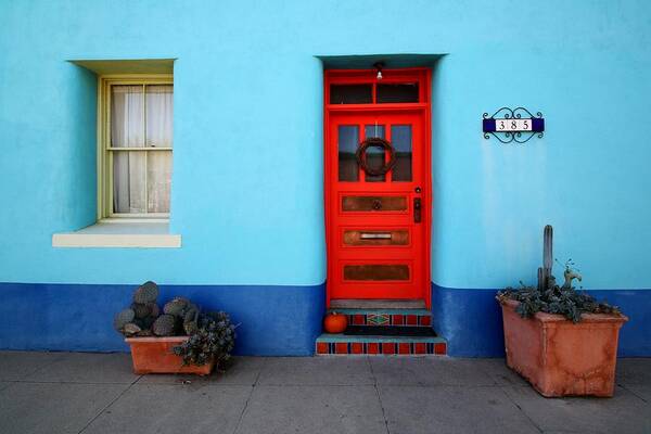 Door Poster featuring the photograph Red Door on Blue Wall by Joe Kozlowski