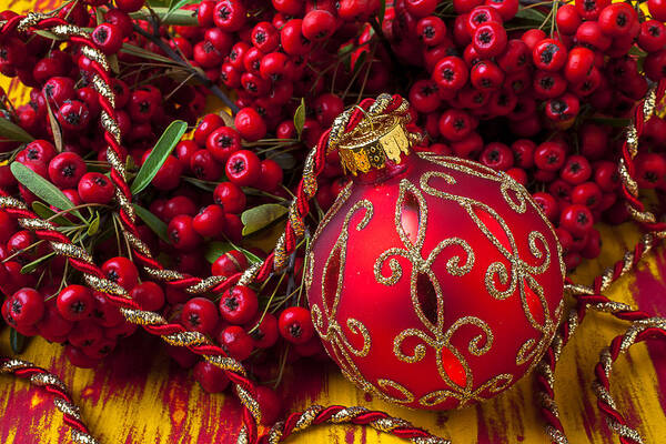 Red Poster featuring the photograph Red ornament and berries by Garry Gay