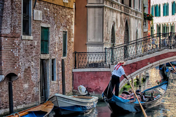 Europe Poster featuring the photograph Red Ribbon Gondolier by Joan Herwig