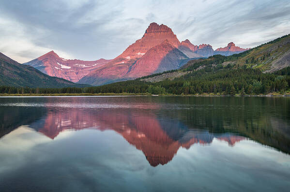 Swiftcurrent Lake Poster featuring the photograph Reflections on Swiftcurrent Dawn by Greg Nyquist