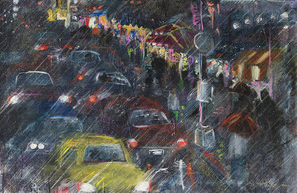 City Poster featuring the painting Rush Hour Rain by Leela Payne