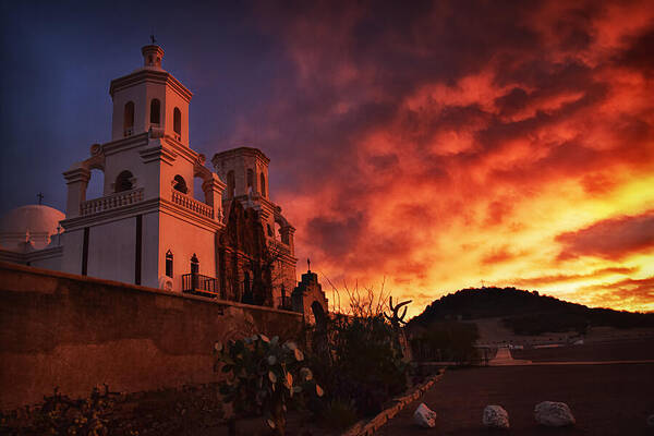 Mission San Javier Del Bac Poster featuring the photograph San Javier del Bac Sunrise by Priscilla Burgers