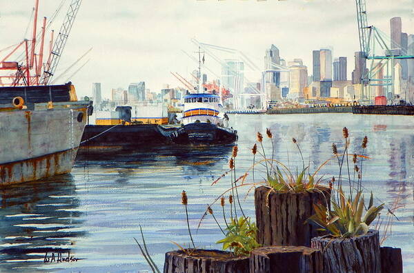 Tugboat Poster featuring the painting Seattle Tug by Bill Hudson
