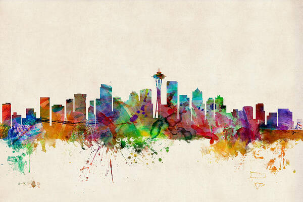 Watercolour Poster featuring the digital art Seattle Washington Skyline by Michael Tompsett