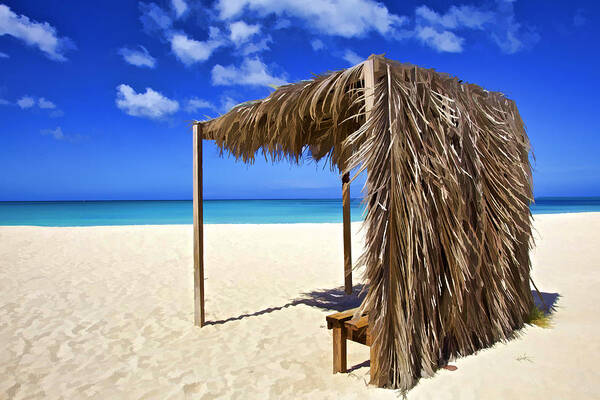 Seascape Poster featuring the photograph Shelter on a White Sandy Caribbean Beach with a Blue Sky and White Clouds by David Letts