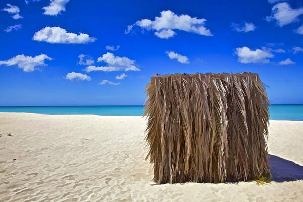 Aruba Poster featuring the photograph Shelter on a White Sandy Caribbean Beach with a Blue Sky and White Clouds II by David Letts