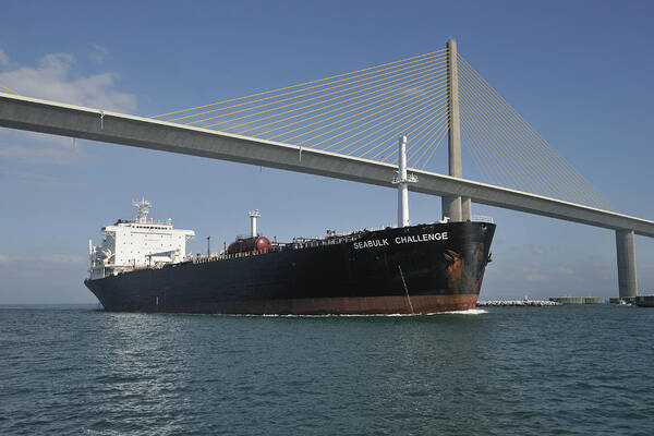 Oil Tanker Poster featuring the photograph Ship under Sunshine Skyway Bridge by Bradford Martin