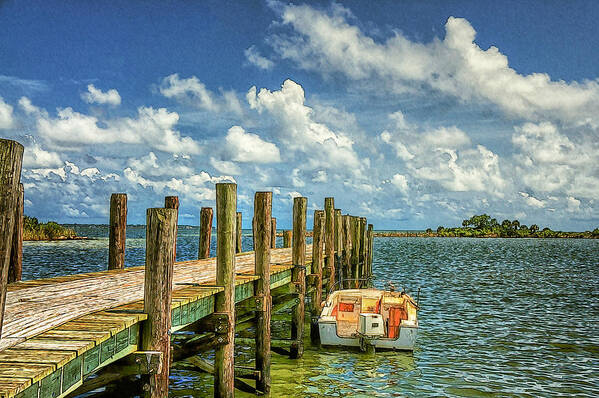 Skiff Poster featuring the photograph Skiff and Pier by Sandra Lynn