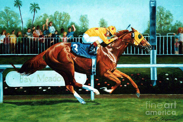 Horse Racing Poster featuring the painting Slew of Damascus Winning the Bay Meadows Handicap by Tom Chapman