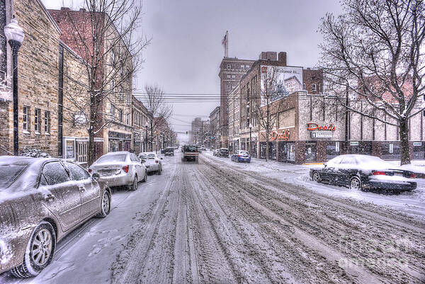 Morgantown Poster featuring the photograph Snow covered high street and cars in Morgantown by Dan Friend