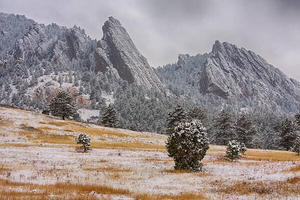 Winter Landscape Poster featuring the photograph Snow Dusted Flatiron View Boulder Colorado by James BO Insogna