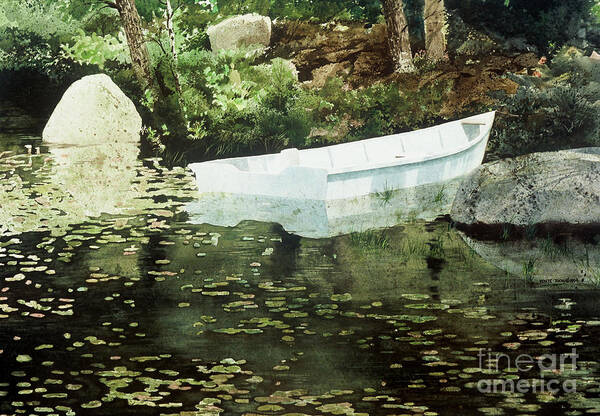 A White Boat Floats In A Quiet Pond On Southport Island Just Across The Bridge From Boothbay Harbor Poster featuring the painting Solitude by Monte Toon