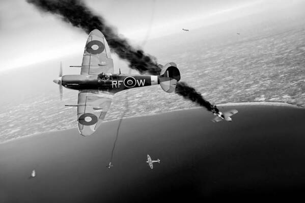 Spitfires Poster featuring the photograph RAF Spitfires in Channel dogfight black and white version by Gary Eason