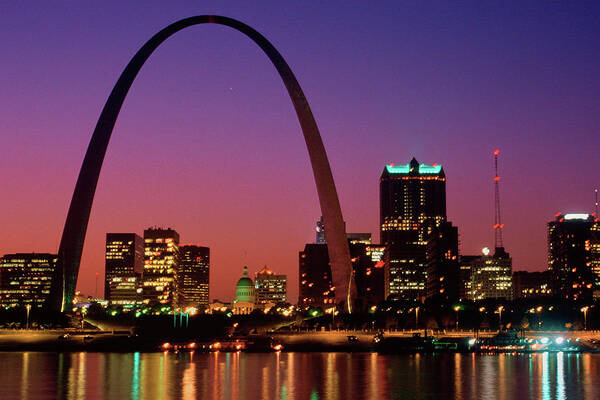 Photography Poster featuring the photograph St. Louis Skyline And Arch At Night by Panoramic Images