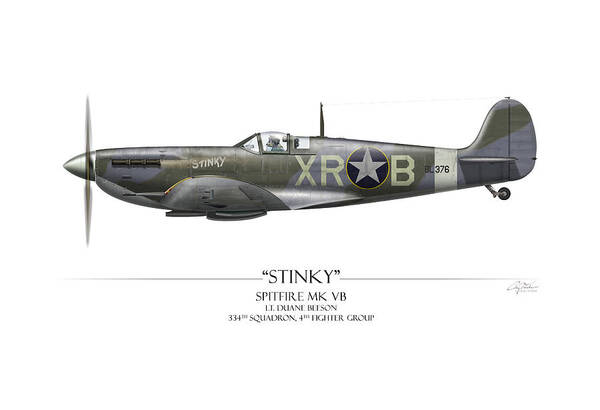 Aviation Poster featuring the painting Stinky Duane Beeson Spitfire - White Background by Craig Tinder