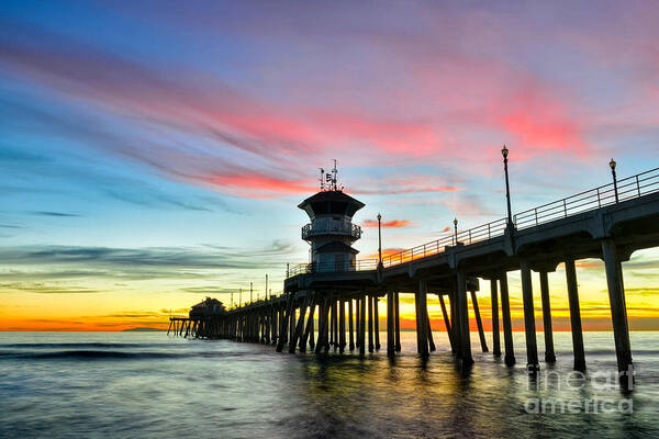 Huntington Beach Poster featuring the photograph Sunet at Huntington Beach Pier by Peter Dang