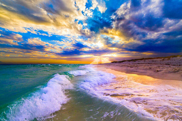 Waves Poster featuring the photograph Sunrays Breaking over Blue Sea-Destin Florida Sunset by eSzra