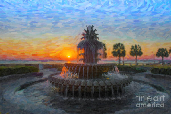 Pineapple Fountain Poster featuring the digital art Sunrise over the Pineapple by Dale Powell