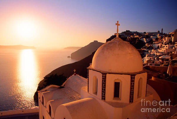 Santorini Poster featuring the photograph Sunset And Orthodox Church by Aiolos Greek Collections