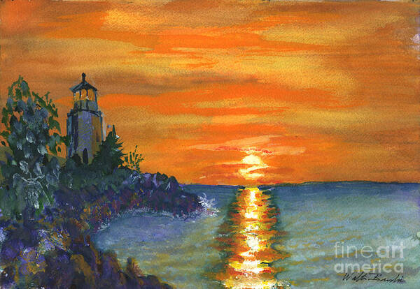 Sunset Poster featuring the painting Sunset at the Lighthouse by Walt Brodis