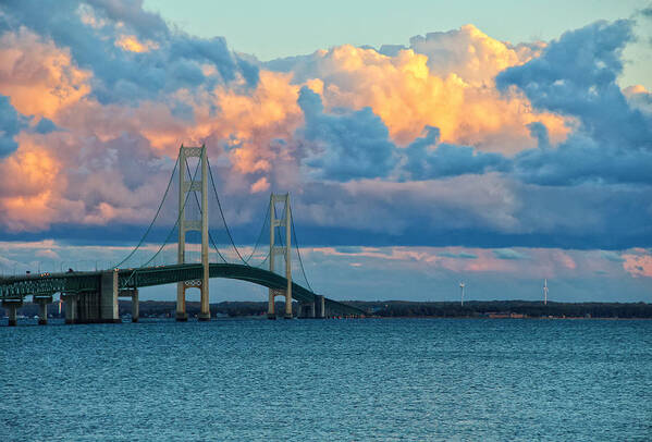 Sunset On Mackinac Bridge Poster featuring the photograph Sunset on Mackinac Bridge by Rachel Cohen