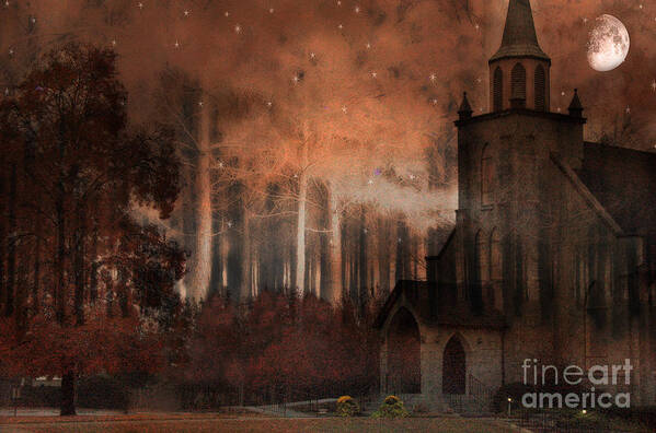 Gothic Church With Nature Poster featuring the photograph Surreal Gothic Church Autumn Fall Orange Brown With Full Moon and Stars by Kathy Fornal