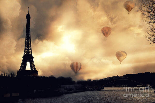 Paris Poster featuring the photograph Paris Eiffel Tower Storm Clouds Sunset Sepia Hot Air Balloons by Kathy Fornal