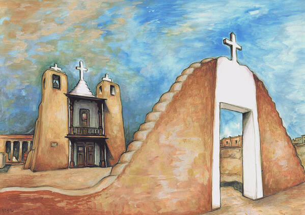 Taos+pueblo Poster featuring the painting Taos Pueblo New Mexico - Watercolor Art Painting by Peter Potter
