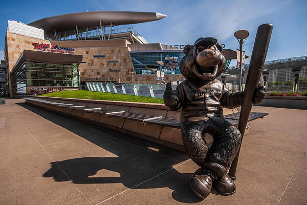 Baseball Poster featuring the photograph T.C. Statue and Target Field by Tom Gort