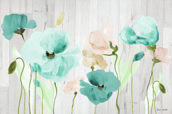 Teal Poster featuring the digital art Teal Poppies On Wood by Lanie Loreth