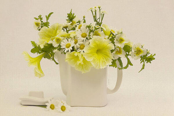 Teapot Art Poster featuring the photograph Teapot of Yellow Petunias And Daisies by Sandra Foster