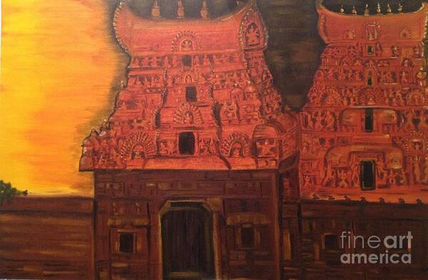 Temple Towers Poster featuring the painting Temple at Dawn 2 by Brindha Naveen