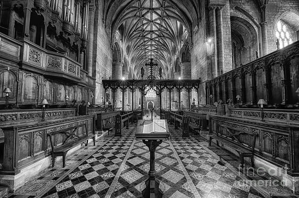 Abbey Cathedral Church Medieval Hdr Gloucestershire Uk England Arches Candles Slabs Windows Gothic Gospel Book Pews Poster featuring the photograph Tewkesbury Abbey BW by Jack Torcello