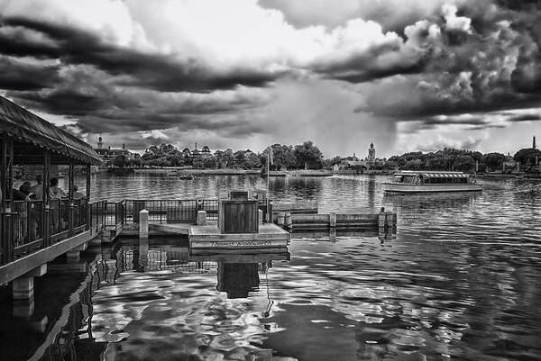 Epcot Poster featuring the photograph The Approaching Storm Walt Disney World BW by Thomas Woolworth