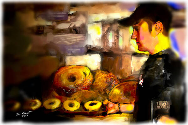 Bagel Art Paintings Poster featuring the painting The Bagel Maker by Ted Azriel