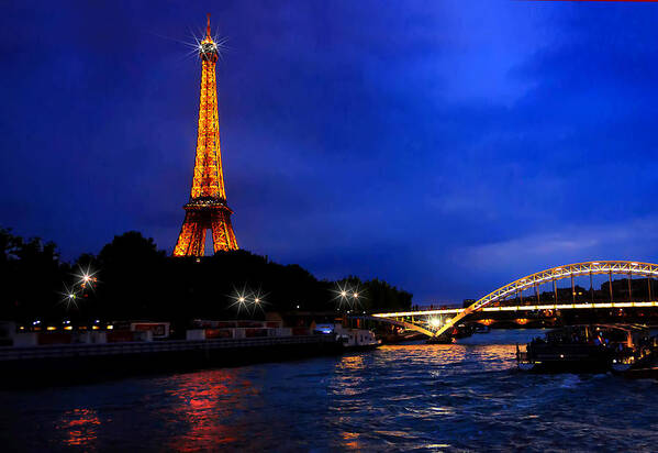 Crystal Poster featuring the photograph The Eiffel Tower on the Seine at the Blue Hour by Mitchell R Grosky