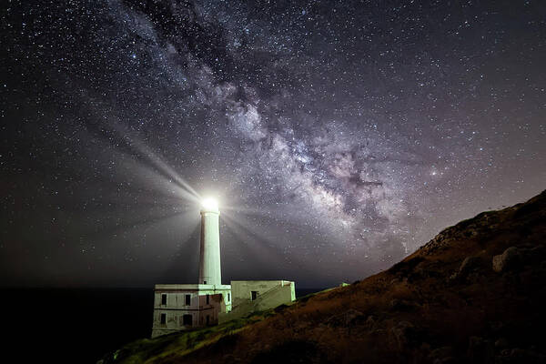Milky Poster featuring the photograph The Lighthouse And The Milky Way by Luigi Chiriaco