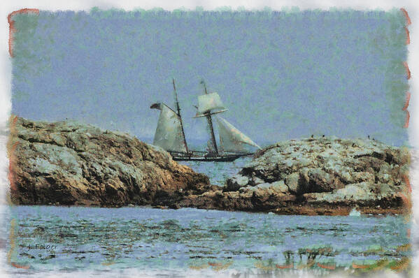 1812 Baltimore Clipper Schooner Poster featuring the photograph The Lynx seen past the dangerous rocks off Marblehead MA. by Jeff Folger