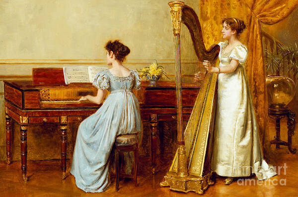 Music; Room; Interior; Female; Musician; Musicians; 19th; 20th; Harp; Harpist; Piano; Pianist; Musical Instrument; Instruments; Recital; Playing; Performing Poster featuring the painting The Music Room by George Kilburne