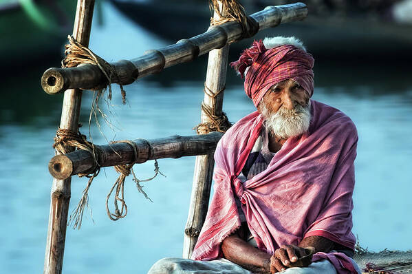 Portrait Poster featuring the photograph The Old Man And The Ganges by Piet Flour