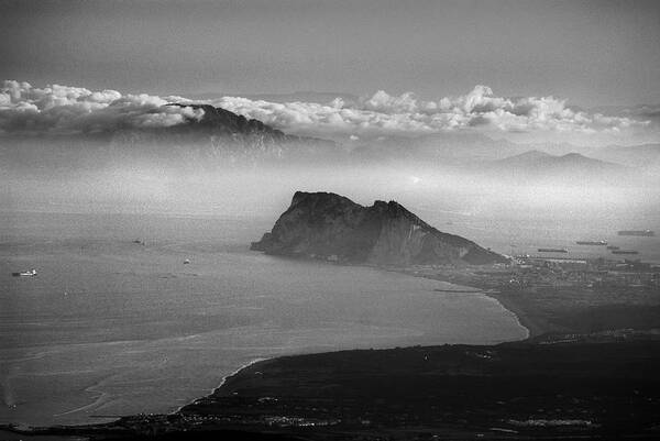 Black And White Poster featuring the photograph The Strait of Gibraltar Spain Gibraltar and Africa by Guido Montanes Castillo