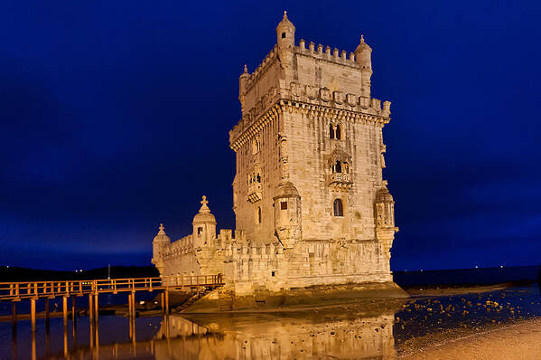 Poster featuring the photograph The Tower of Belem in Lisbon at the Blue Hour by Mitchell R Grosky
