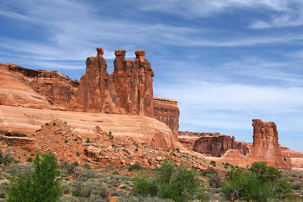 Three Gossips Poster featuring the digital art Three Gossips - Arches National Park by Georgia Clare